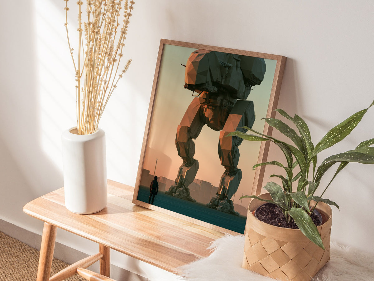 Mech Waits Dawn Poster | Teal and Orange Low Poly Art Print | Sci-Fi Wall Art — styled in an interior
