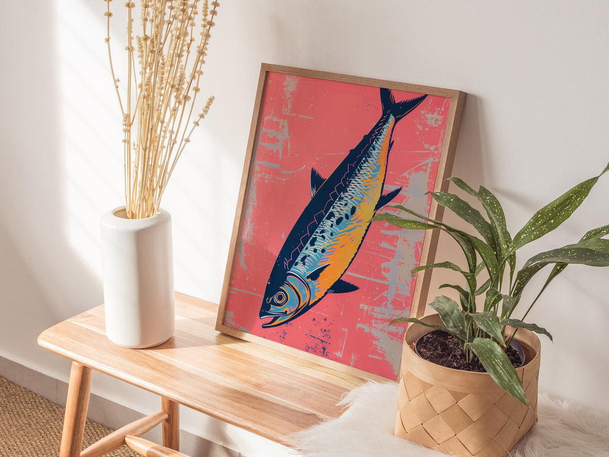 Sardine Tin on Pink Poster | Pink and Cobalt Screen Print Art Print | Kitchen Wall Art — styled in an interior