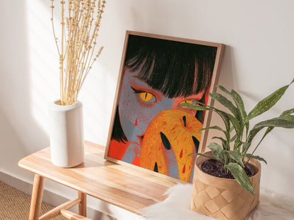 Devil Bites Apple Poster | Coral and Yellow Illustrative Art Print | Dark Fantasy Wall Art — styled in an interior
