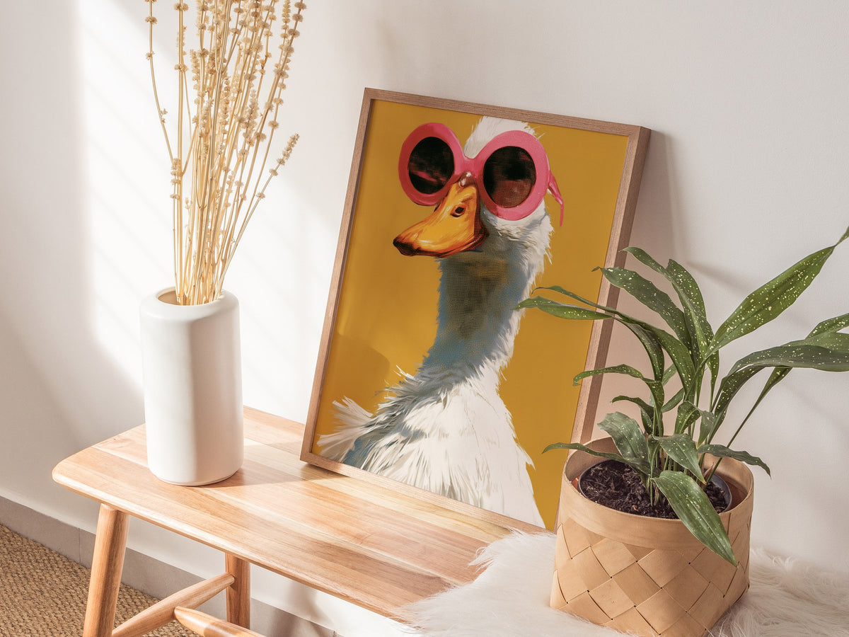 Duck in Pink Shades Poster | Mustard and Pink Screen Print Art Print | Playful Modern Wall Art — styled in an interior