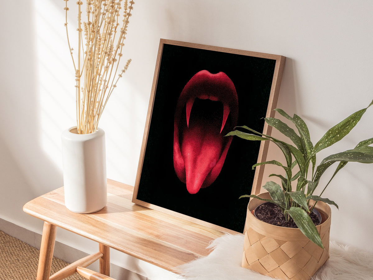 Vampire Smile Poster | Red and Black Pen and Ink Art Print | Goth Wall Art — styled in an interior