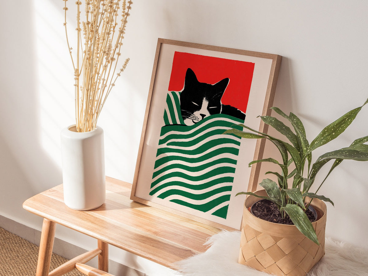 Cat Under Striped Blanket Poster | Green and Red Screen Print Art Print | Cat Lover Wall Art — styled in an interior