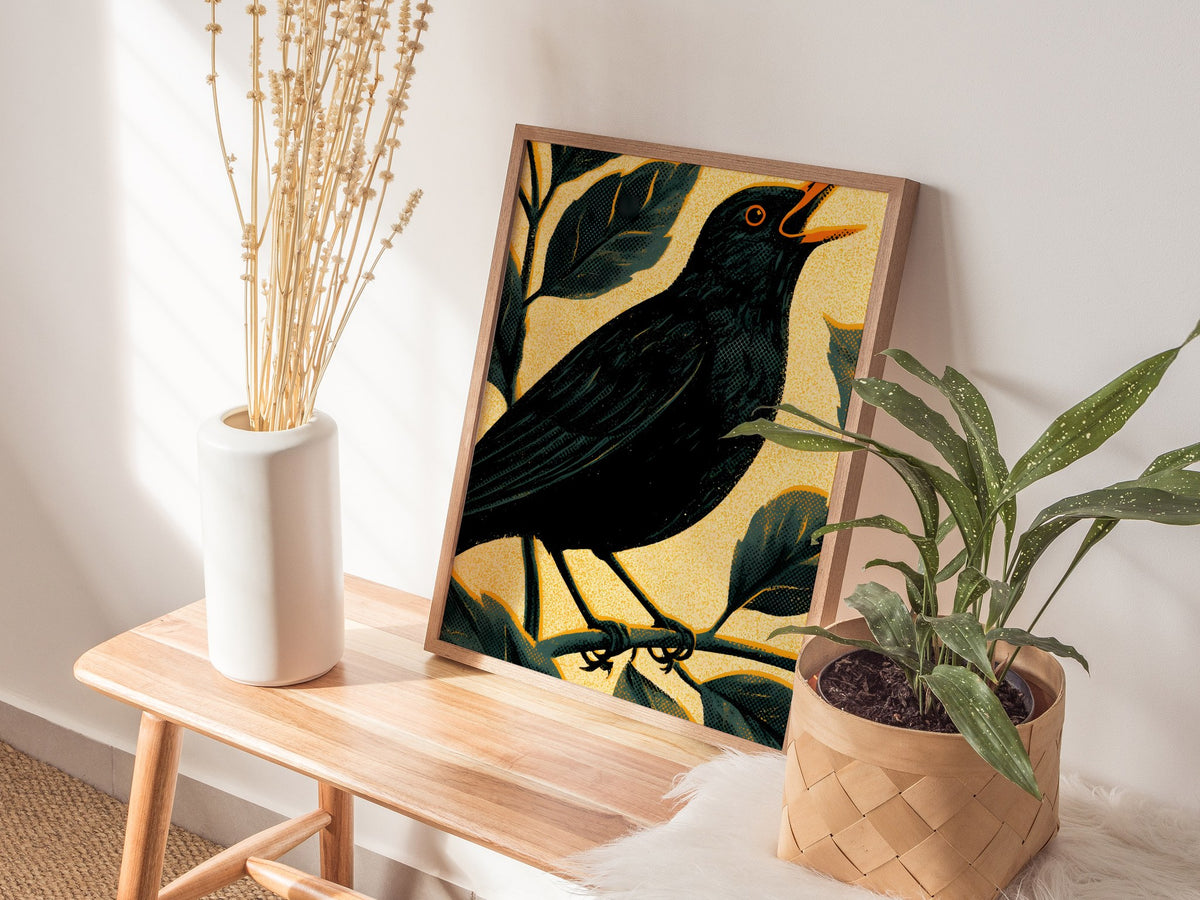 Blackbird in Gold Poster | Gold and Black Screen Print Art Print | British Garden Wall Art — styled in an interior
