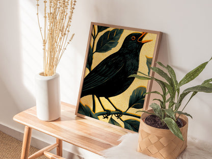 Blackbird in Gold Poster | Gold and Black Screen Print Art Print | British Garden Wall Art — styled in an interior