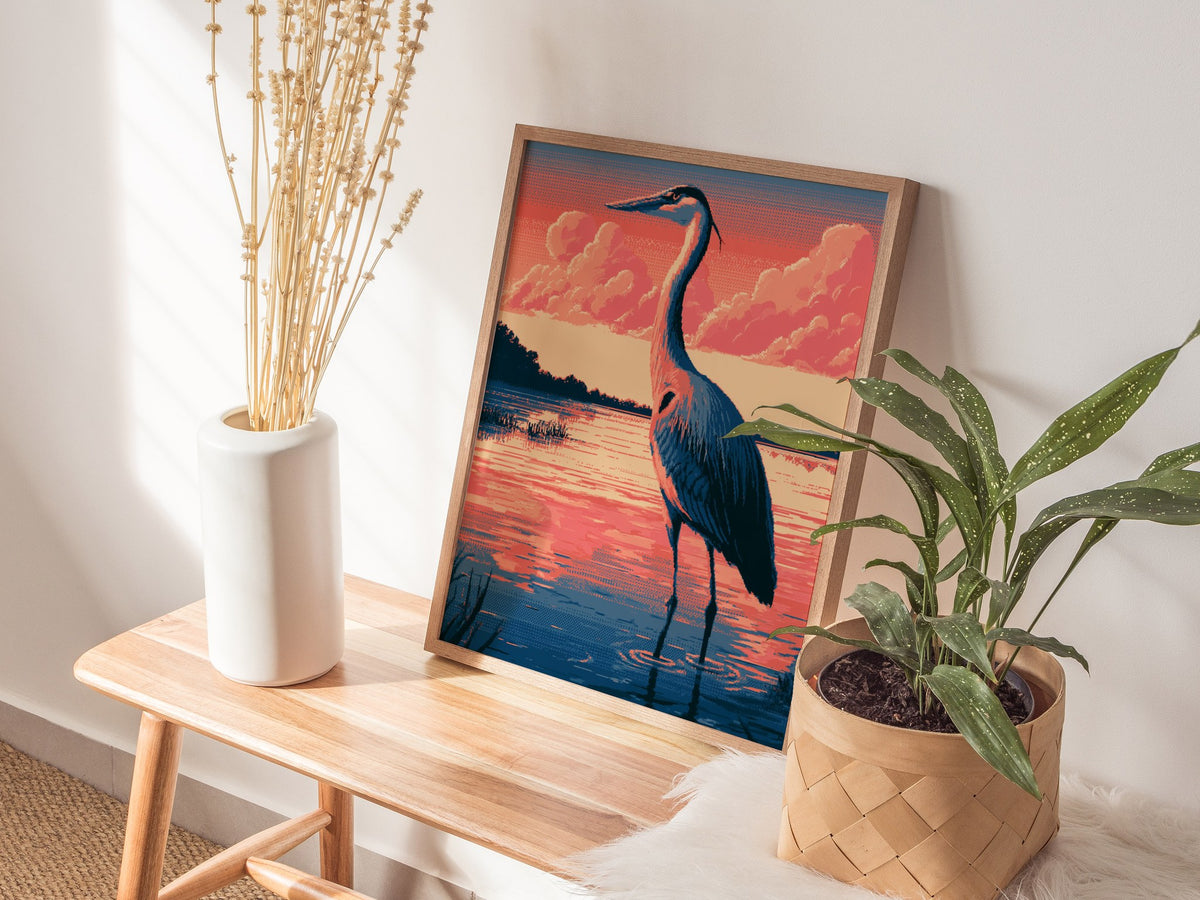 Heron Walks Dusk Poster | Coral and Slate Pixel Art Print | Retro Gaming Wall Art — styled in an interior