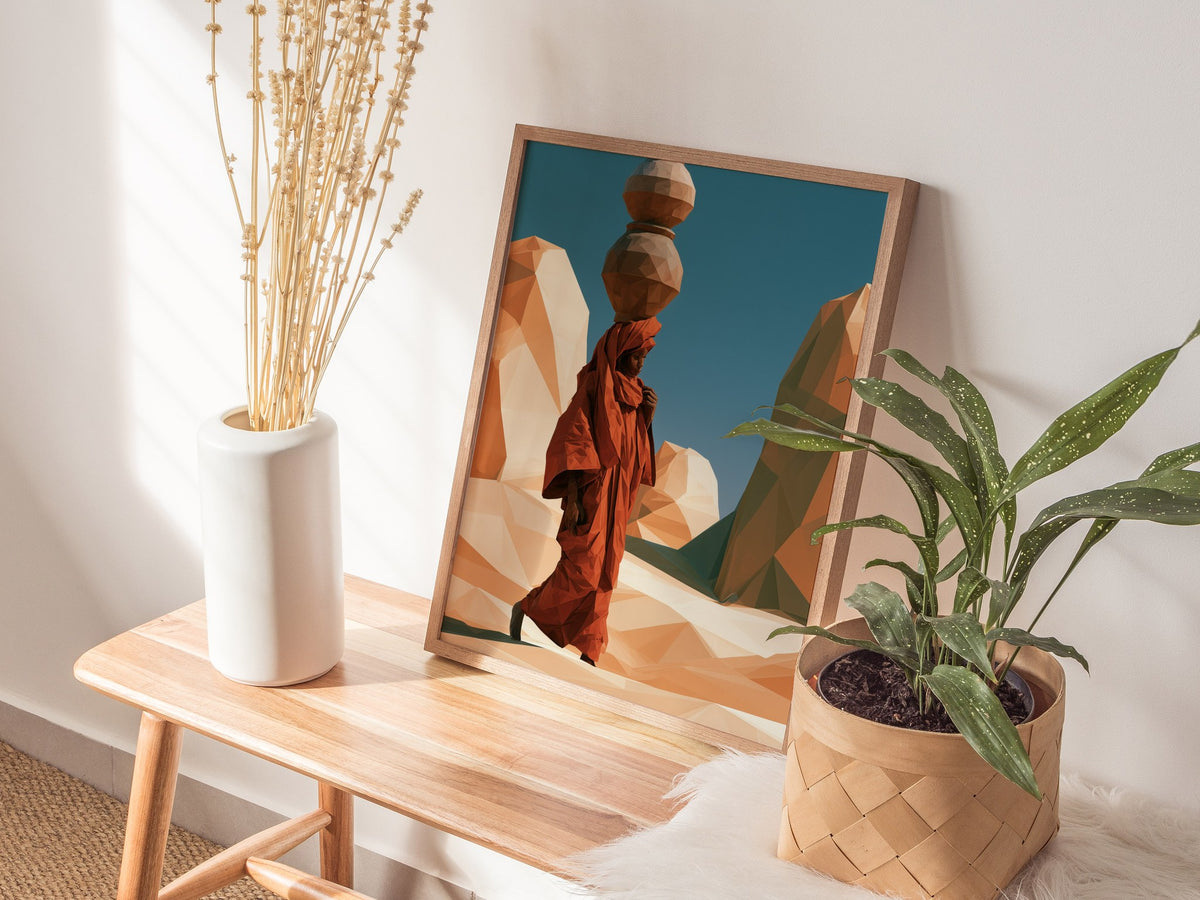 Merchant Carries Jars Poster | Ochre and Teal Low Poly Art Print | Minimalist Wall Art — styled in an interior