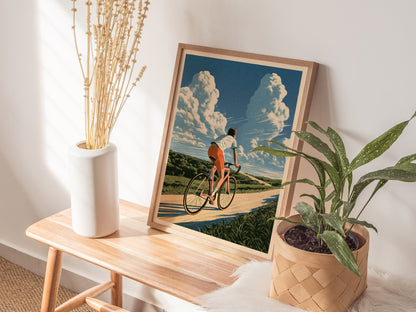 Cyclist Chases Horizon Poster | Blue and Orange Illustrative Art Print | Cycling Wall Art — styled in an interior