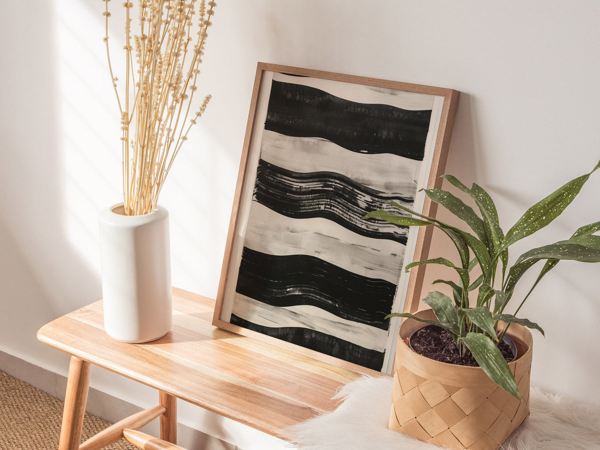 stripe-horizon Poster | Ochre and Navy Minimalism Art Print | Minimalist Wall Art — styled in an interior