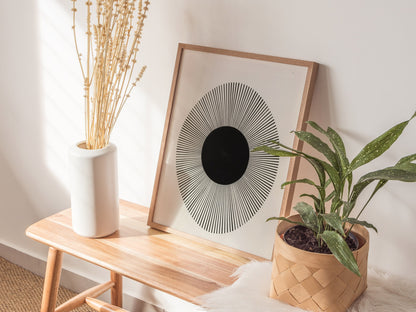 Happy Sun Poster | Black and White Minimalism Art Print | Kids Room Wall Art — styled in an interior