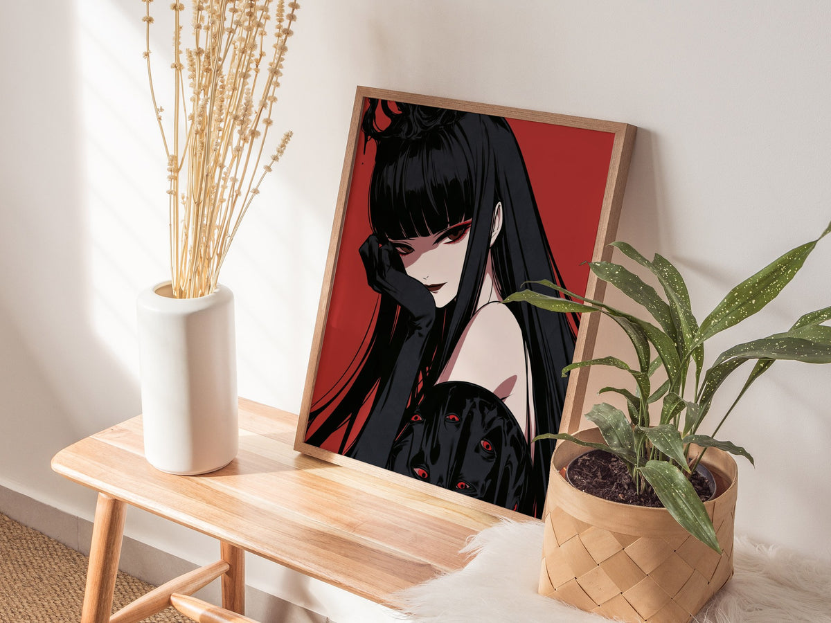 Demon Queen Watches Poster | Red and Black Illustrative Art Print | Dark Fantasy Wall Art — styled in an interior