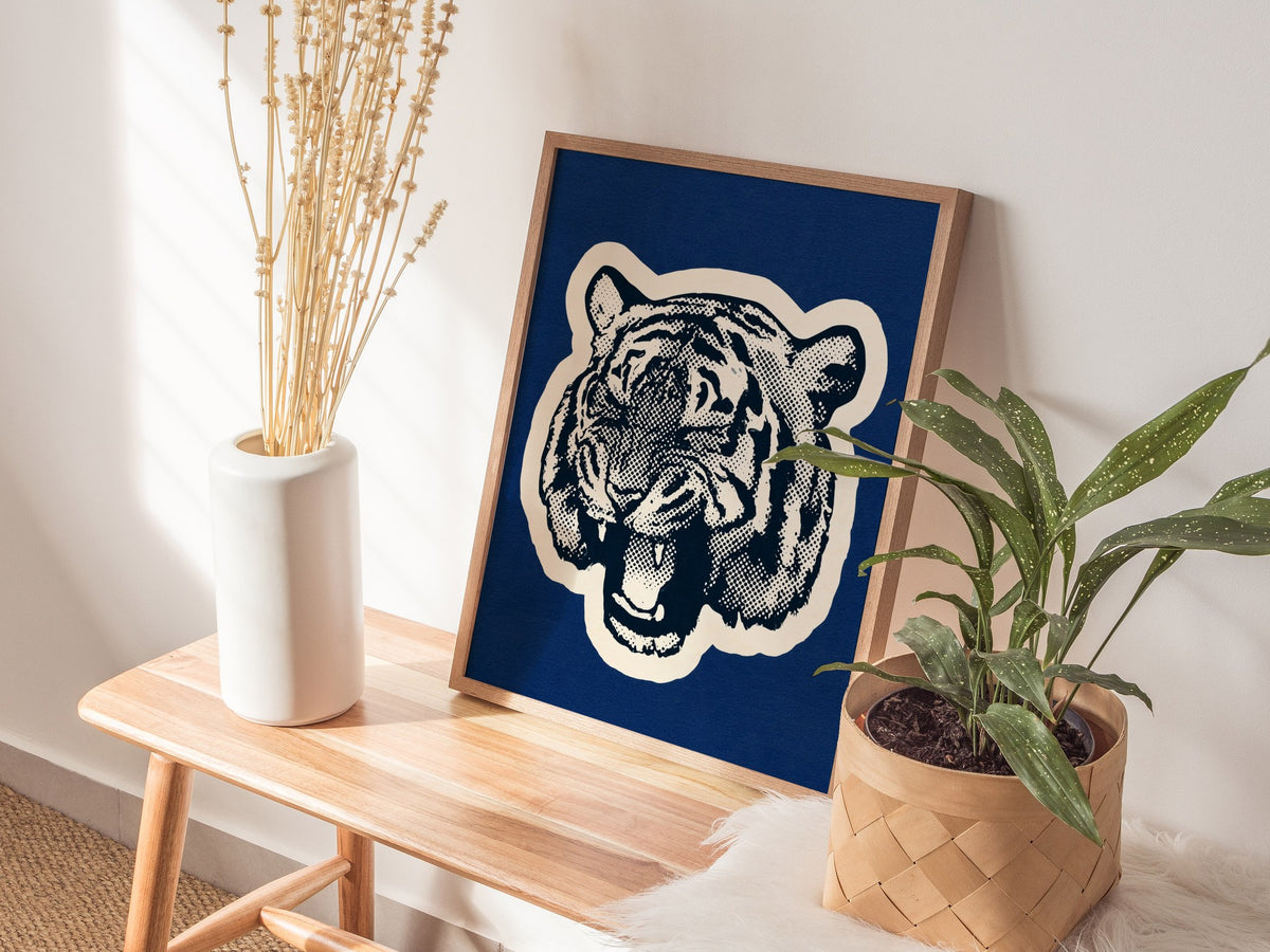 Tiger Roars Blue Poster | Navy and Cobalt Screen Print Art Print | Mid-Century Wall Art — styled in an interior