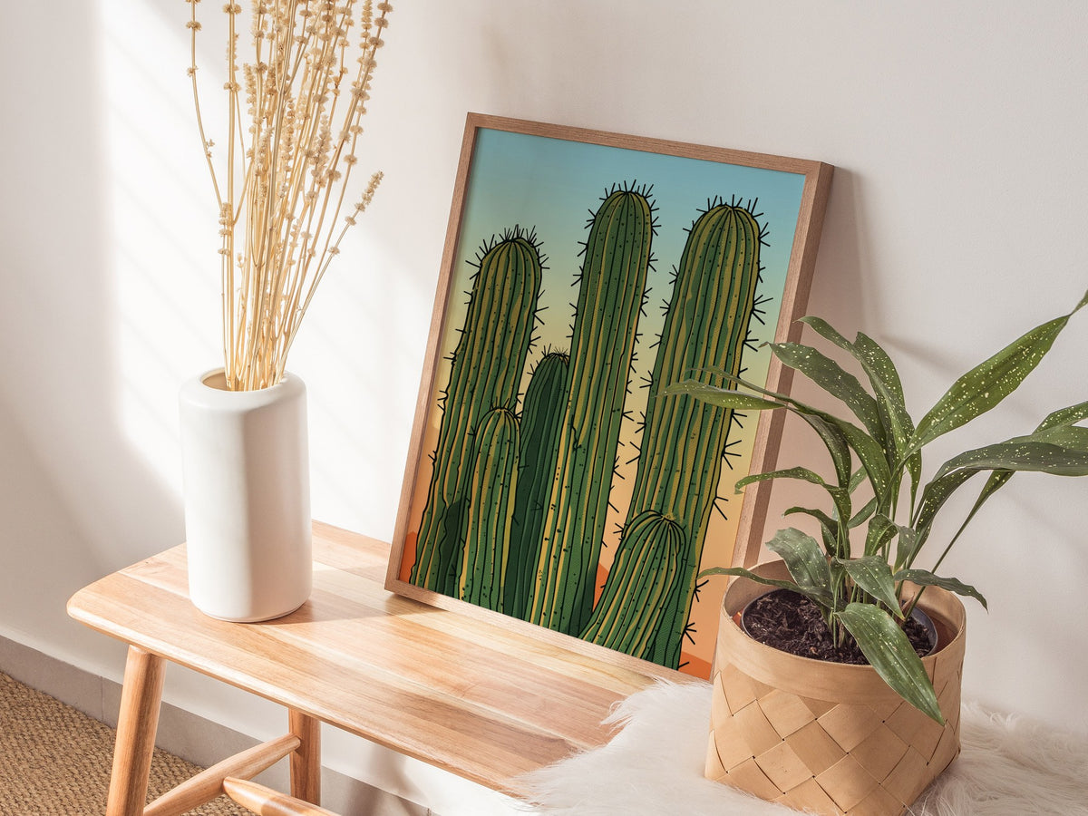 Cactus Garden Poster | Green and Coral Japanese Woodblock Art Print | Southwestern Wall Art — styled in an interior