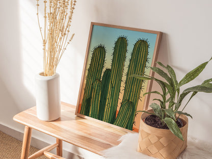 Cactus Garden Poster | Green and Coral Japanese Woodblock Art Print | Southwestern Wall Art — styled in an interior