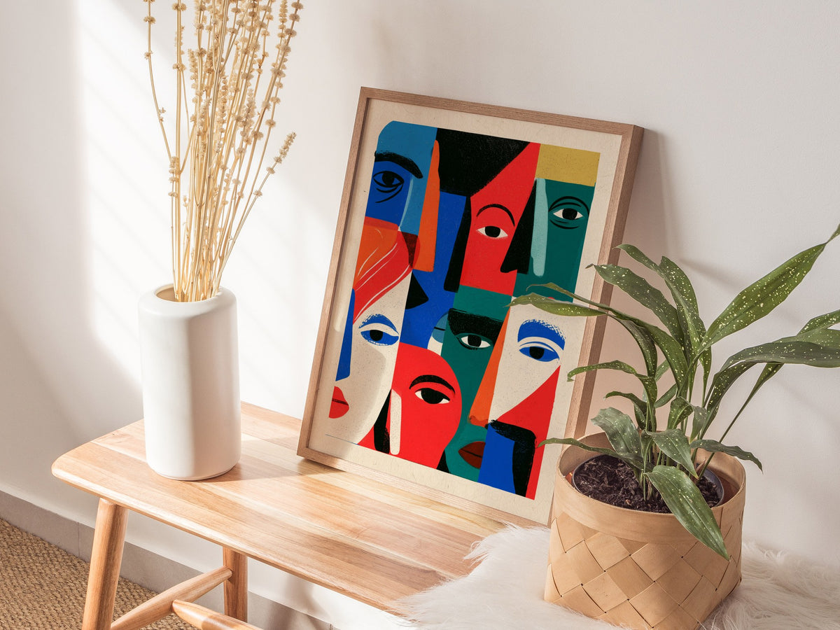 Crowd Wears Faces Poster | Multicolor Illustrative Art Print | Kids Room Wall Art — styled in an interior