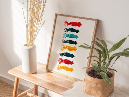 Five Squid Stack Poster | Multicolor Screen Print Art Print | Kitchen Wall Art — styled in an interior