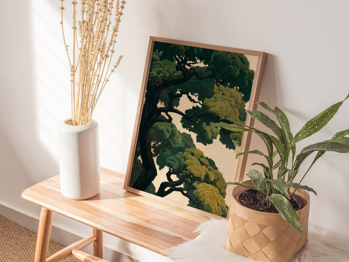 Under the Pines Poster | Forest Green Japanese Woodblock Art Print | Nature Lovers Wall Art — styled in an interior