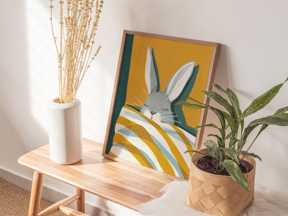 Rabbit Under Quilt Poster | Mustard and Teal Flat Design Art Print | Cottagecore Wall Art — styled in an interior