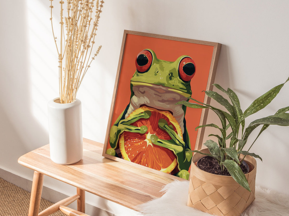 Frog with Orange Poster | Red and Green Flat Design Art Print | Kids Room Wall Art — styled in an interior