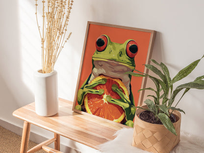 Frog with Orange Poster | Red and Green Flat Design Art Print | Kids Room Wall Art — styled in an interior