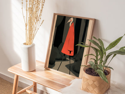 Heron Walks Alone Poster | Coral and Forest Illustrative Art Print | Surreal Wall Art — styled in an interior