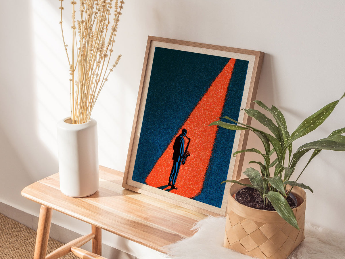 Spotlight Finds Him Poster | Teal and Coral Screen Print Art Print | Jazz Lover Wall Art — styled in an interior