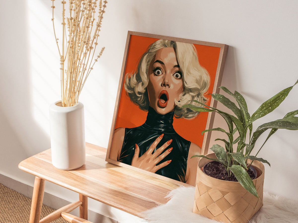She Just Heard Poster | Orange and Black Illustrative Art Print | Pop Art Wall Art — styled in an interior