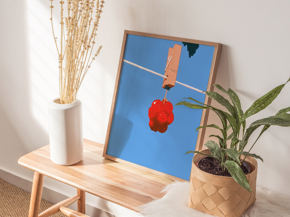 Cherries Hang Drying Poster | Red and Blue Illustrative Art Print | Kitchen Wall Art — styled in an interior