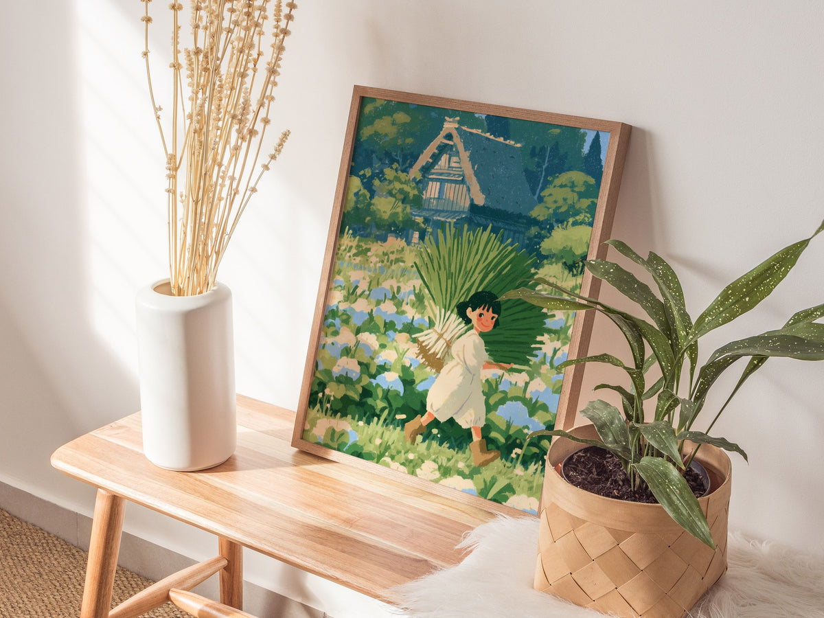 Harvest Walk Home Poster | Blue and Cream Illustrative Art Print | Cottagecore Wall Art — styled in an interior