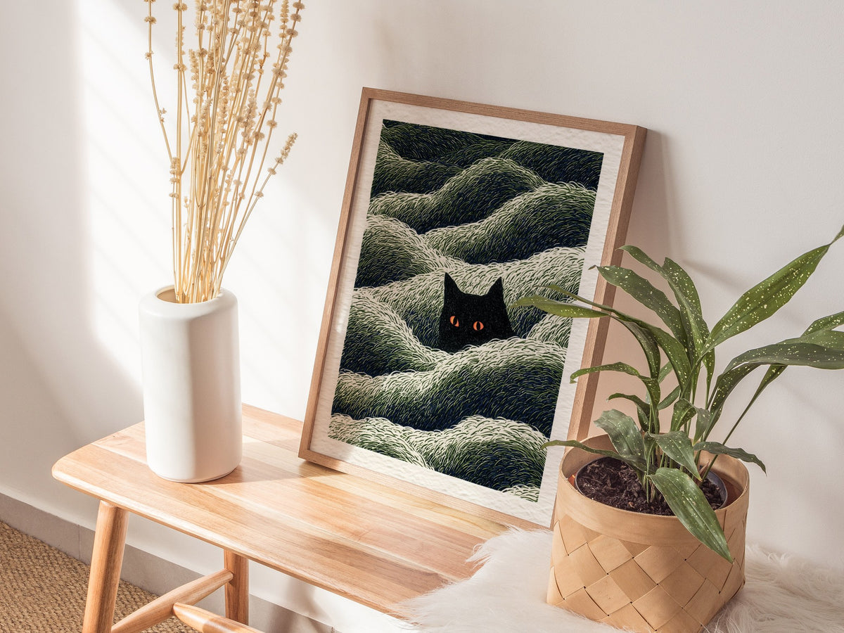 Cat Lurks Deep Poster | Green and Black Pen and Ink Art Print | Dark Fantasy Wall Art — styled in an interior