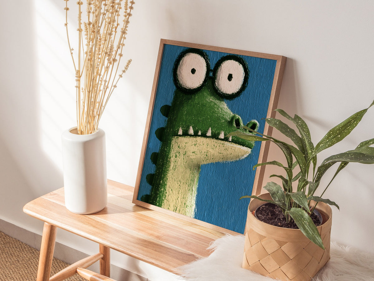 Wide-eyed Crocodile Poster | Green and Cobalt Illustrative Art Print | Kids Room Wall Art — styled in an interior