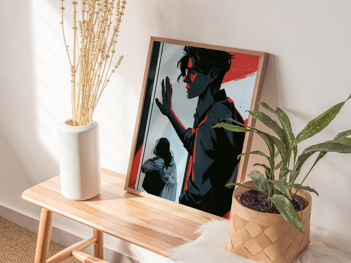 glass-divide Poster | Amber and Teal Illustrative Art Print | Dark Academia Wall Art — styled in an interior