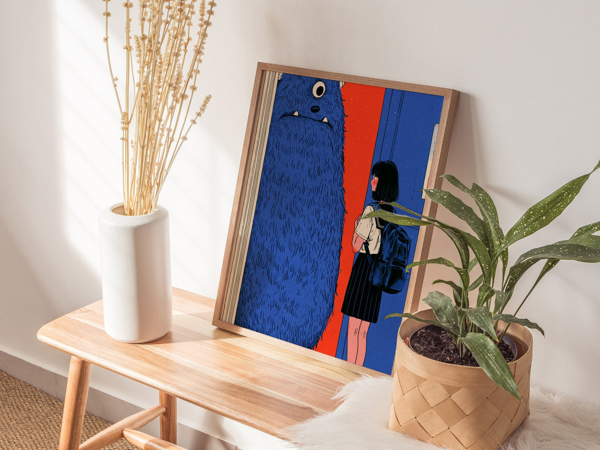 Monster Watches Class Poster | Blue and Orange Illustrative Art Print | Kids Room Wall Art — styled in an interior