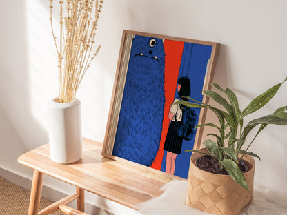 Monster Watches Class Poster | Blue and Orange Illustrative Art Print | Kids Room Wall Art — styled in an interior