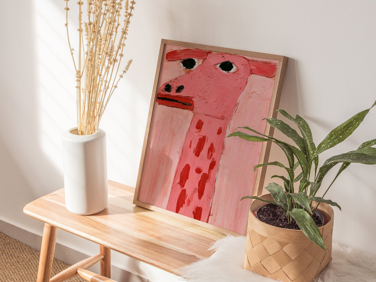 pink-giraffe-portrait Poster | Pink and Cream Oil Painting Art Print | Kids Room Wall Art — styled in an interior
