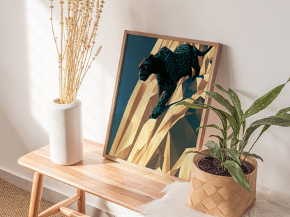 Panther Climbs Noon Poster | Teal and Black Low Poly Art Print | Dark Fantasy Wall Art — styled in an interior