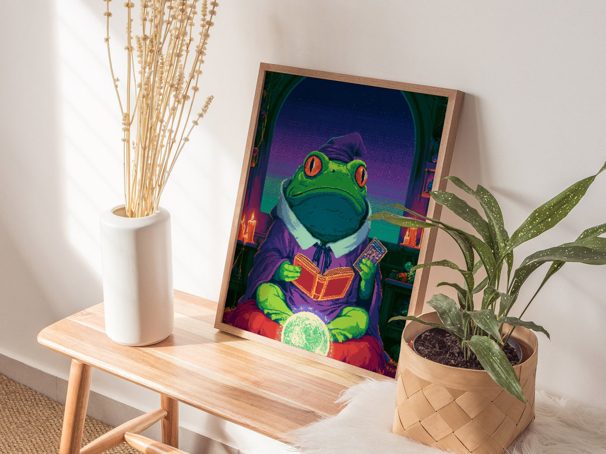 Frog Sees Fortune Poster | Purple and Teal Pixel Art Print | Dark Fantasy Wall Art — styled in an interior