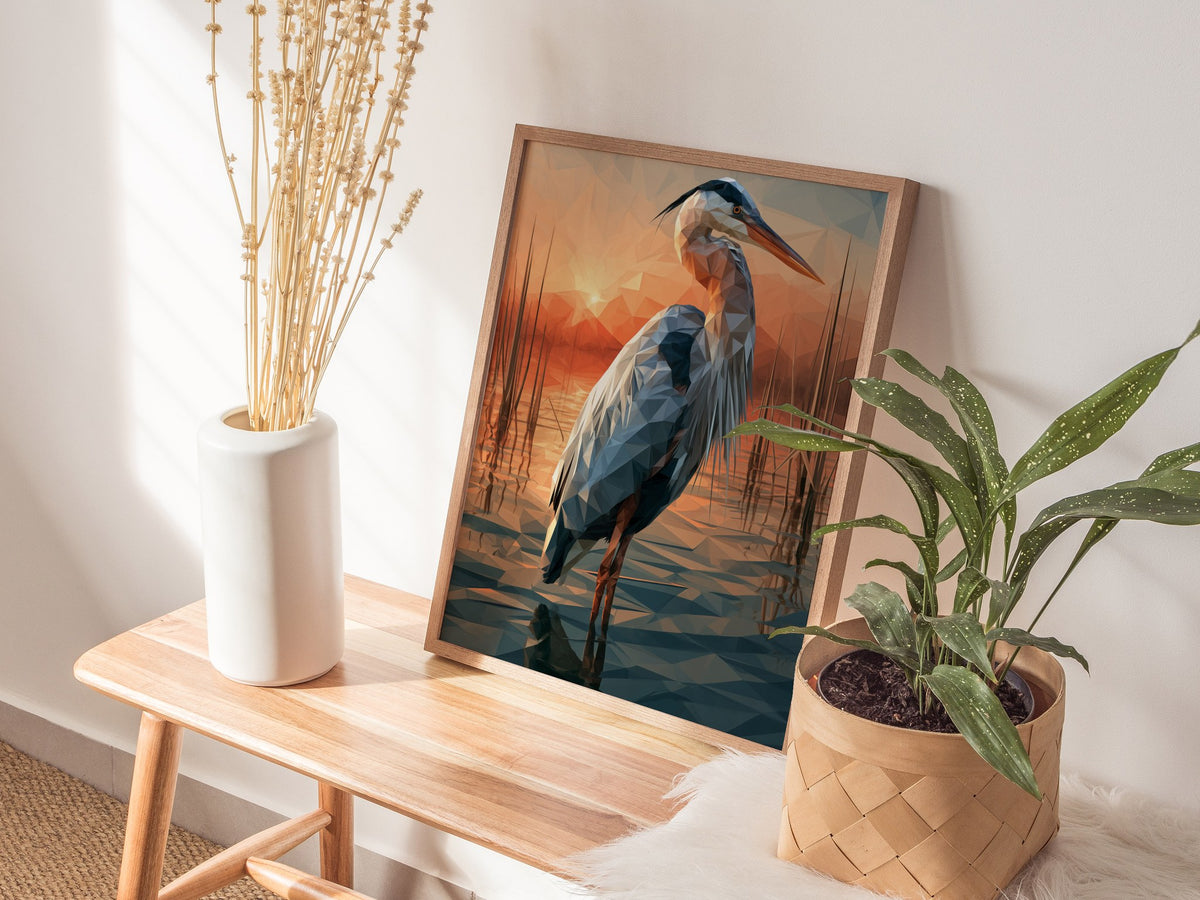 Heron Guards Dusk Poster | Slate and Burnt Low Poly Art Print | Minimalist Wall Art — styled in an interior