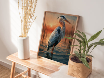 Heron Guards Dusk Poster | Slate and Burnt Low Poly Art Print | Minimalist Wall Art — styled in an interior
