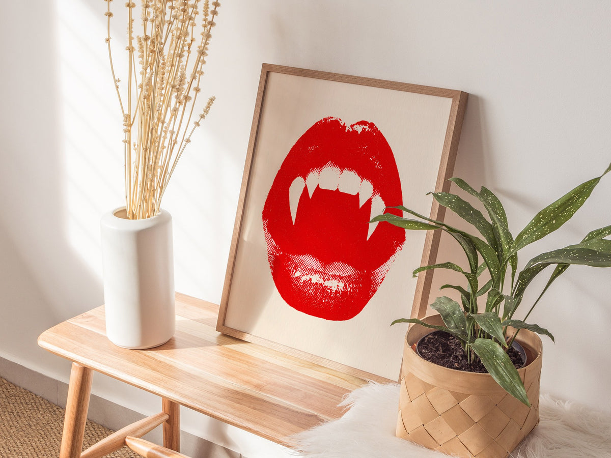 Vampire Bite Poster | Red and Cream Screen Print Art Print | Goth Wall Art — styled in an interior