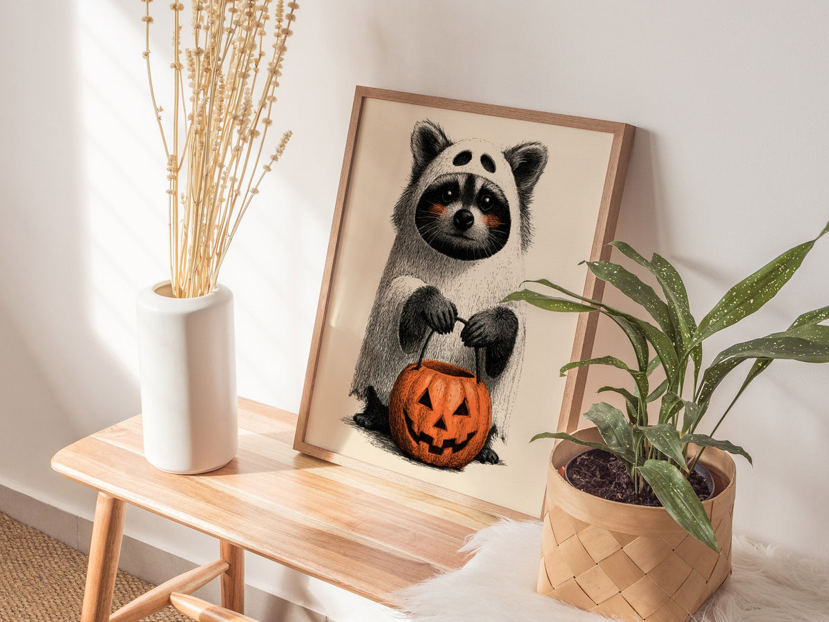 Raccoon Trick-or-treats Poster | Gray and Orange Pen and Ink Art Print | Halloween Wall Art — styled in an interior