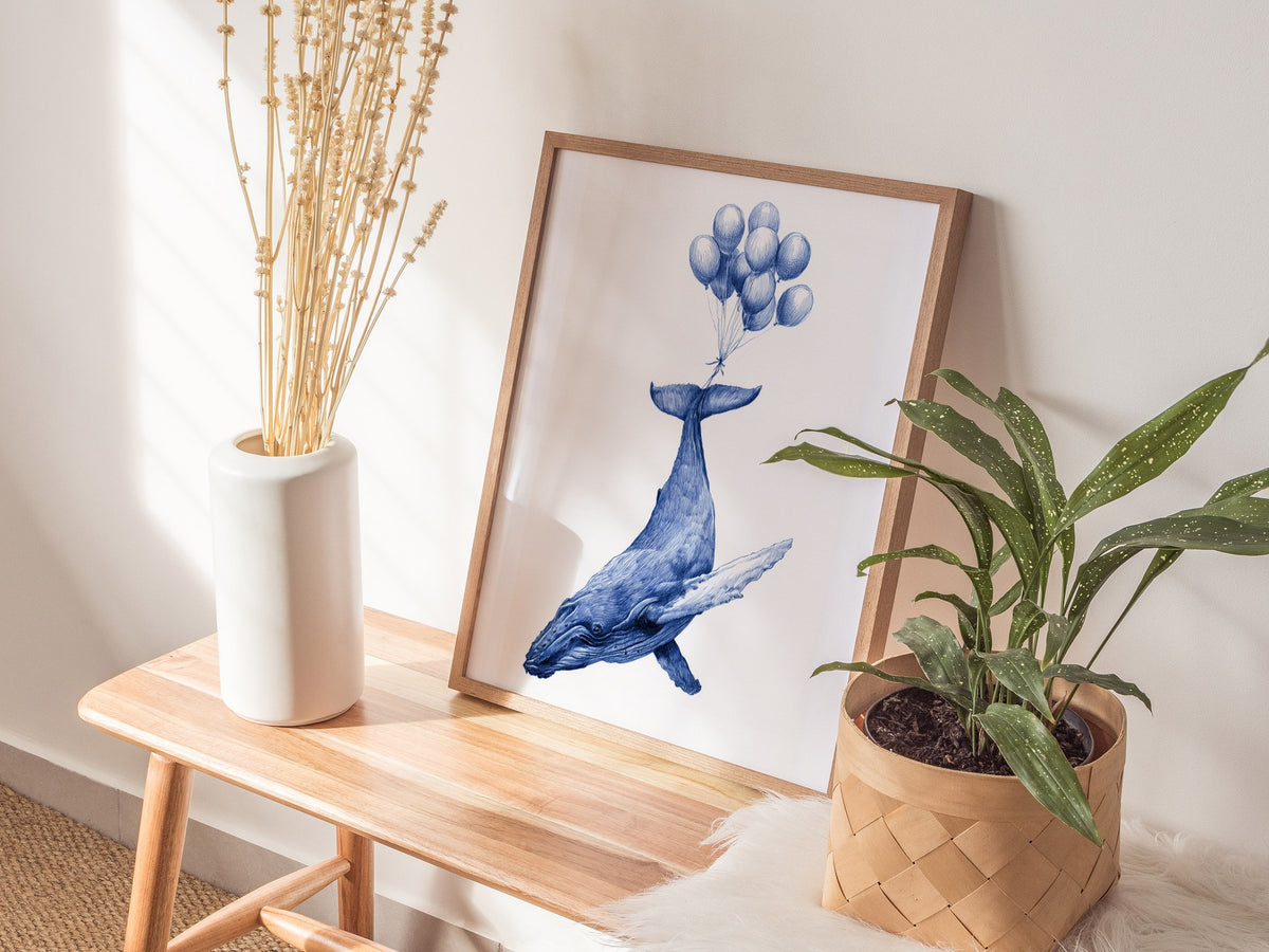 Whale Lifted Away Poster | Black and White Pen and Ink Art Print | Dark Fantasy Wall Art — styled in an interior