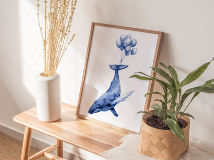 Whale Lifted Away Poster | Black and White Pen and Ink Art Print | Dark Fantasy Wall Art — styled in an interior