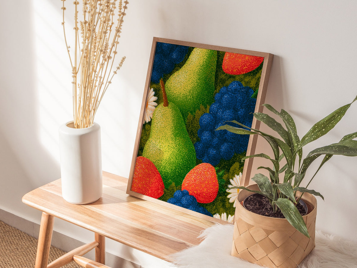 Fruit Bursts Bright Poster | Saturated Primary Illustrative Art Print | Kitchen Wall Art — styled in an interior