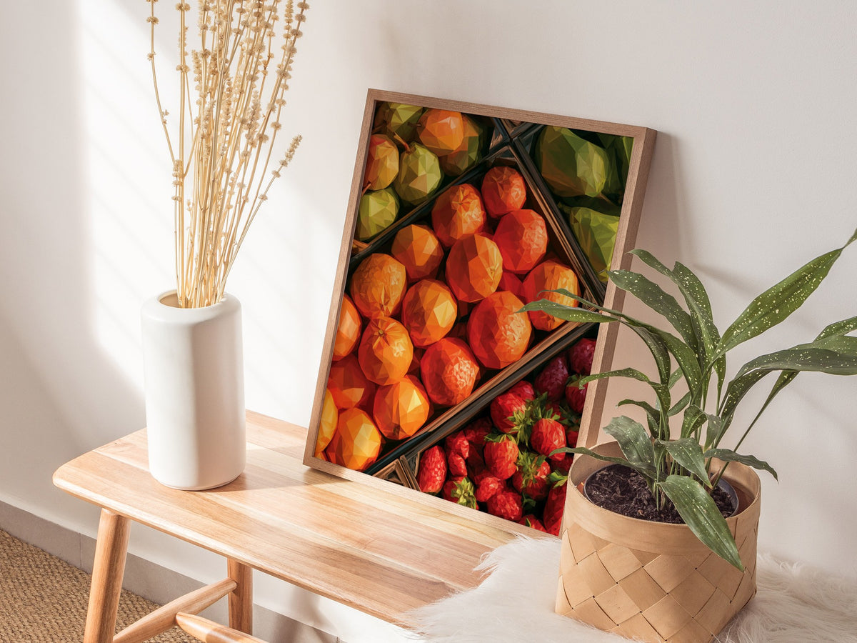 Fruit Stand Overhead Poster | Bold Citrus Low Poly Art Print | Kitchen Wall Art — styled in an interior