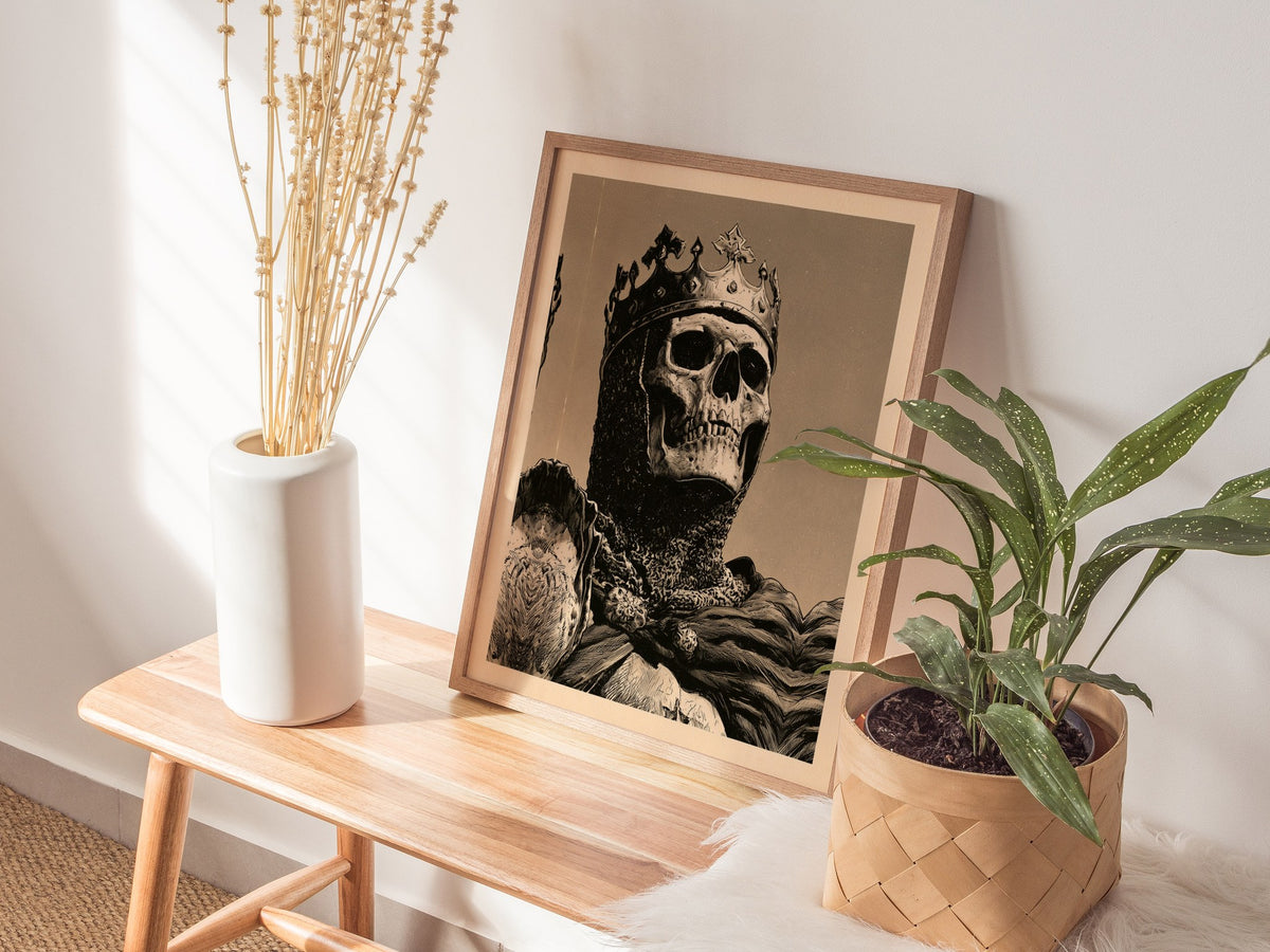 Dead King Reigns Poster | Red and Sepia Pen and Ink Art Print | Dark Fantasy Wall Art — styled in an interior