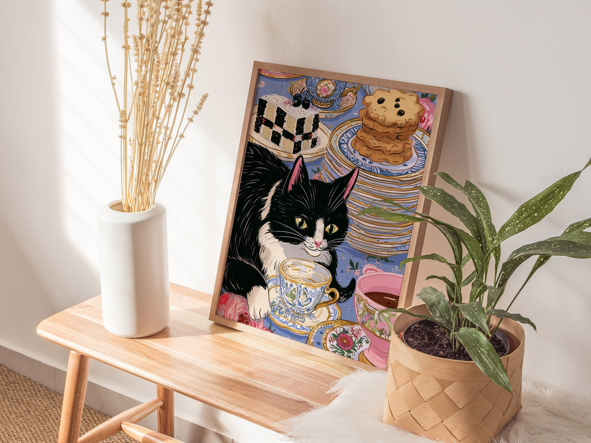 Cat Takes Tea Poster | Pink and Grey-Blue Illustrative Art Print | Kitchen Wall Art — styled in an interior