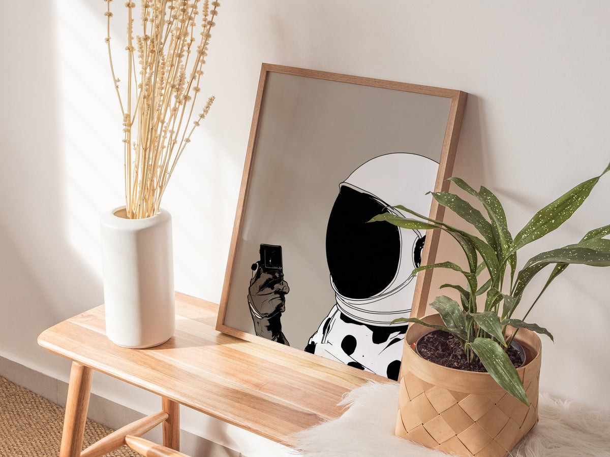 Astronaut Claims Shade Poster | Cream and Brown Illustrative Art Print | Fashion Forward Wall Art — styled in an interior