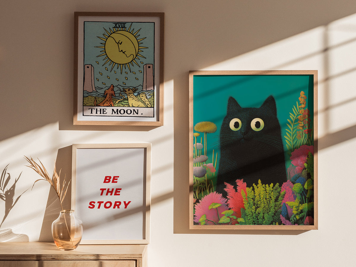 Black Cat in Garden Poster | Animals Art Print — styled in an interior