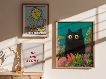 Black Cat in Garden Poster | Animals Art Print — styled in an interior
