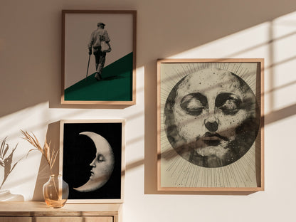 Ink Sun Face Poster | Black and Cream Pen and Ink Art Print | Dark Academia Wall Art — styled in an interior